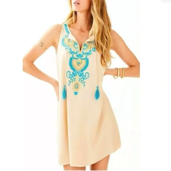 Lilly Pulitzer Dresses & Skirts - Lilly Pulitzer Aubra Embroidered Sleeveless Shift Dress, Tan Sand Dune, size S